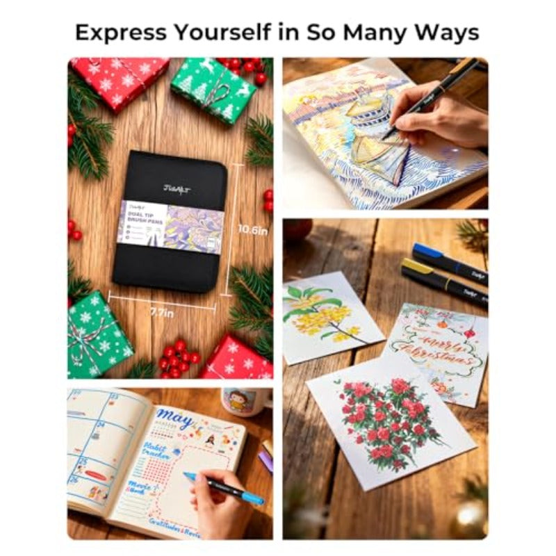 yqqJusArt Water Brush Pens 6-Pack + Water Based Coloring Markers 100 Colors