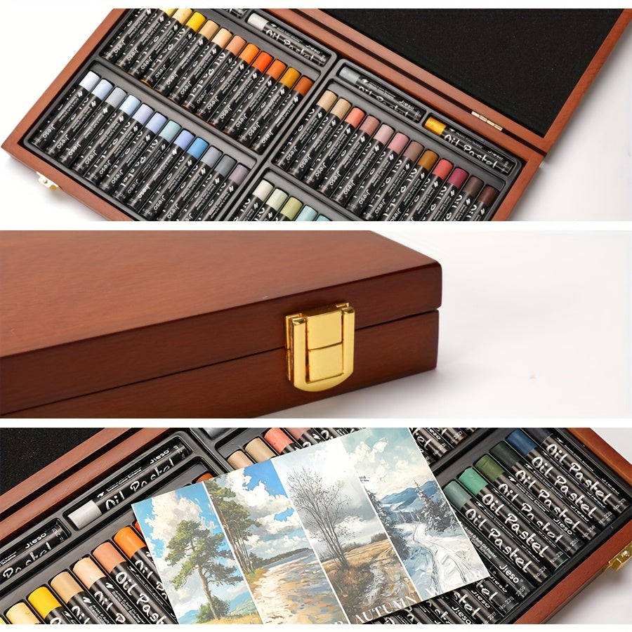 This JIESO 52pcs Wooden Gift Box Set of Soft Oil Pastels Features 51 Colors in a Rich Artistic Landscape Palette, Including White, Golden, and Silvery Bonus Sticks. These Medium-sized Art Crayons Are Suitable for Painting, Sketching, and Blending