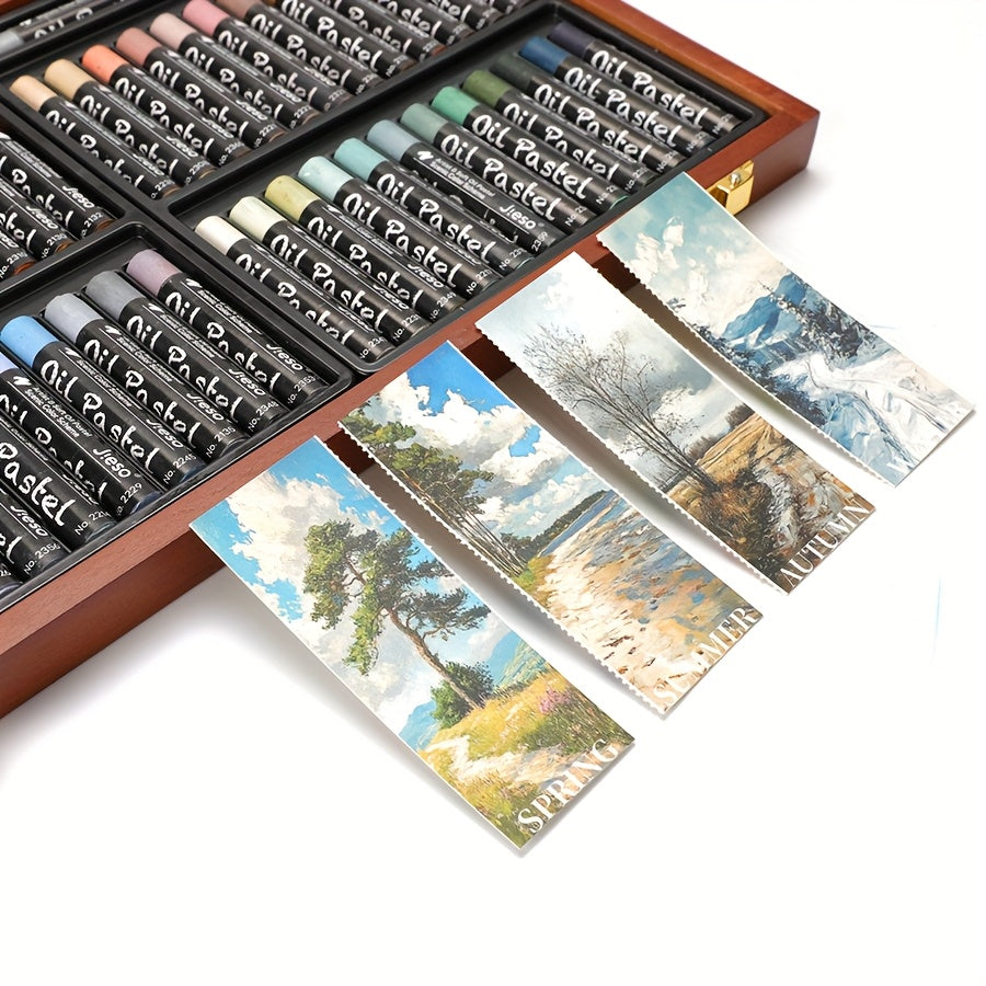 This JIESO 52pcs Wooden Gift Box Set of Soft Oil Pastels Features 51 Colors in a Rich Artistic Landscape Palette, Including White, Golden, and Silvery Bonus Sticks. These Medium-sized Art Crayons Are Suitable for Painting, Sketching, and Blending
