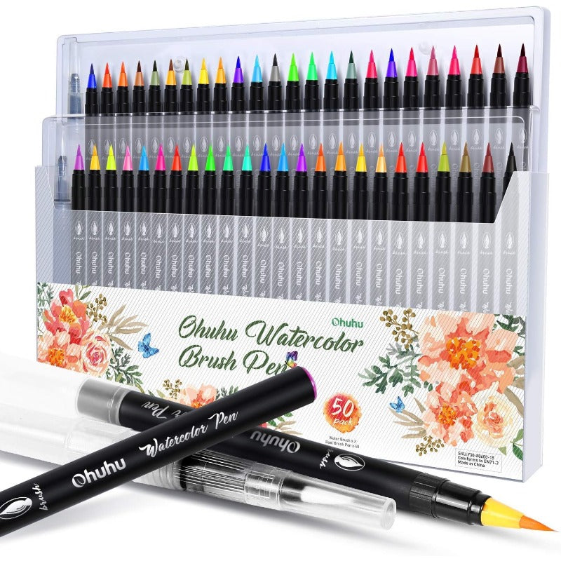 Professional Watercolor Brush Markers Pen 48 Colors of Ohuhu Water Based Drawing Marker Brushes W\u002FA Blending Aqua Pen Water Soluble for Adult Coloring Books Comic Calligraphy