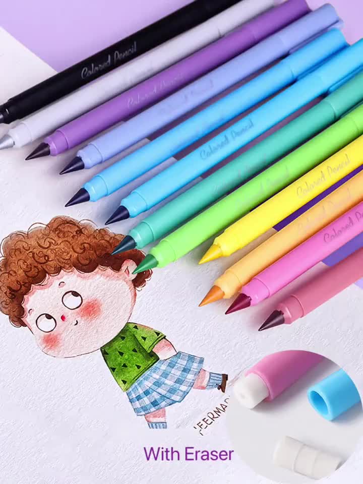 12 erasable eternal color pencil set - Long lasting writing infinite triangular pencil, suitable for students to color, never sharpening eternal inkless pencil, used for sketching and painting