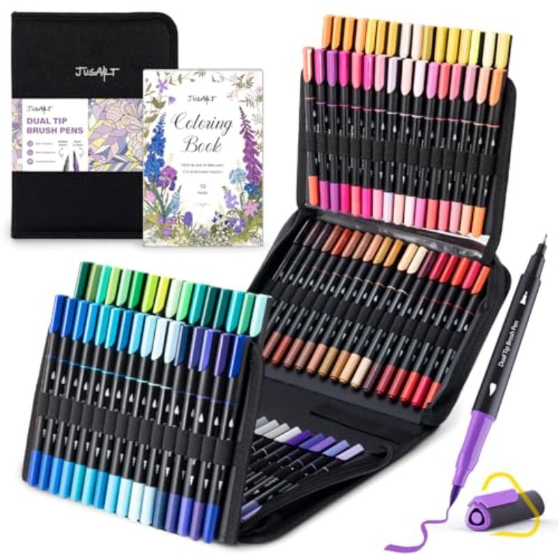 yqqJusArt Water Brush Pens 6-Pack + Water Based Coloring Markers 100 Colors