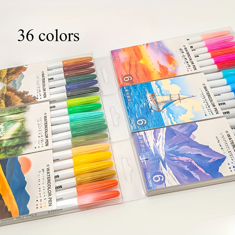 36-color Watercolor Pen Hand-painted Set, Color Liner Pen for Art Students, Light-resistant Sketch Drawing Pen, 6-pack Artist Tool Illustration Diary Hand-written Pen DIY Creation Comic Design, Perfect Gift for Christmas and Halloween