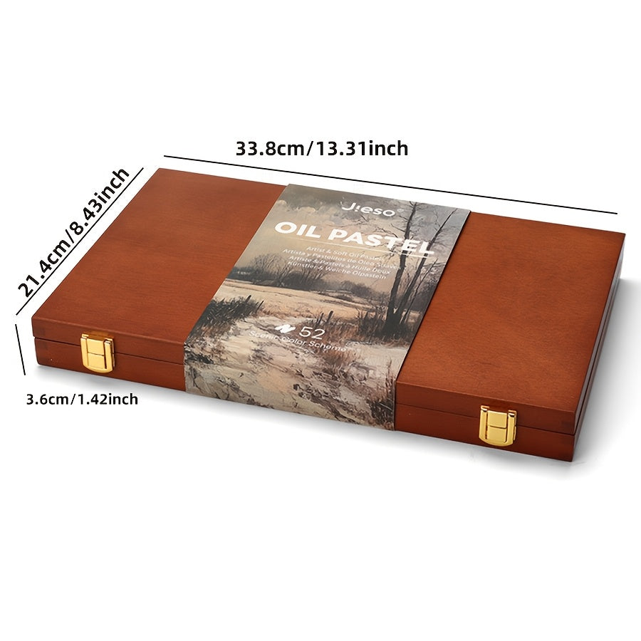 This JIESO 52pcs Wooden Gift Box Set of Soft Oil Pastels Features 51 Colors in a Rich Artistic Landscape Palette, Including White, Golden, and Silvery Bonus Sticks. These Medium-sized Art Crayons Are Suitable for Painting, Sketching, and Blending