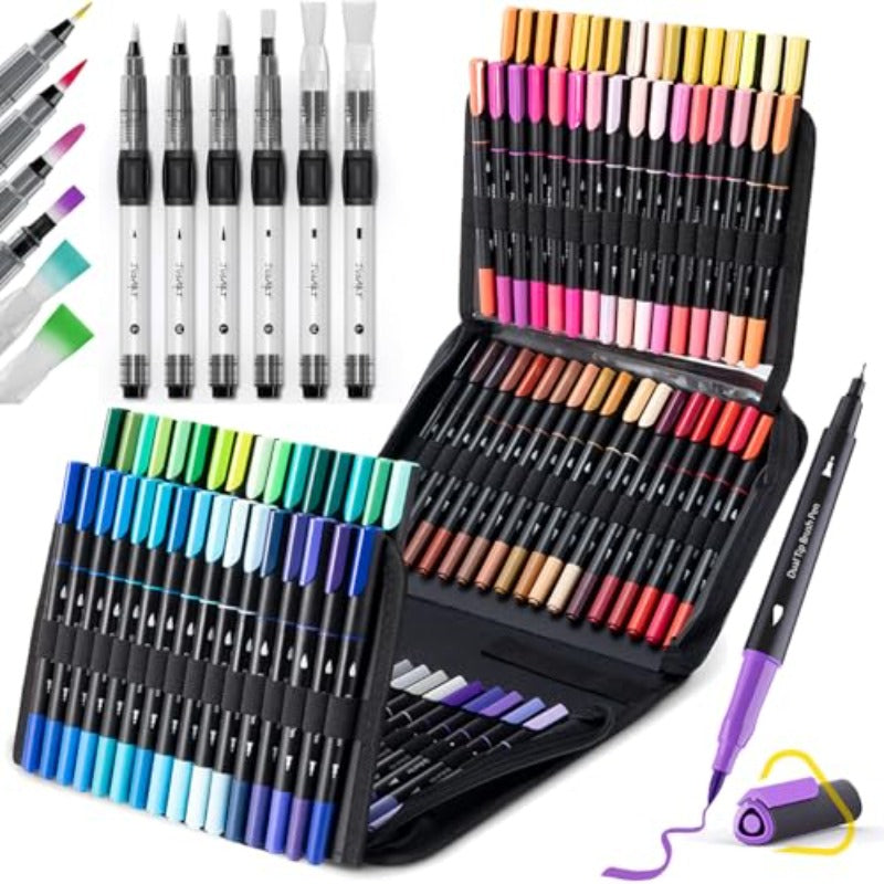 yqqJusArt Water Brush Pens 6-Pack + Water Based Coloring Markers 100 Colors