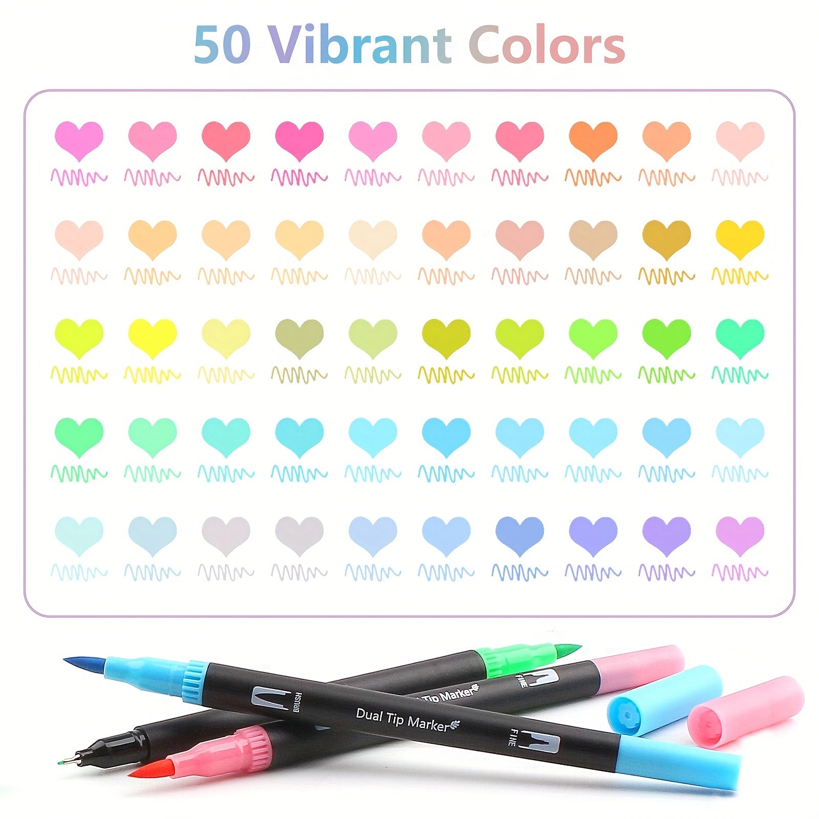 50-Color Dual Tip Macaron Watercolor Markers, Fine Point Arrow Tips for Drawing and Coloring