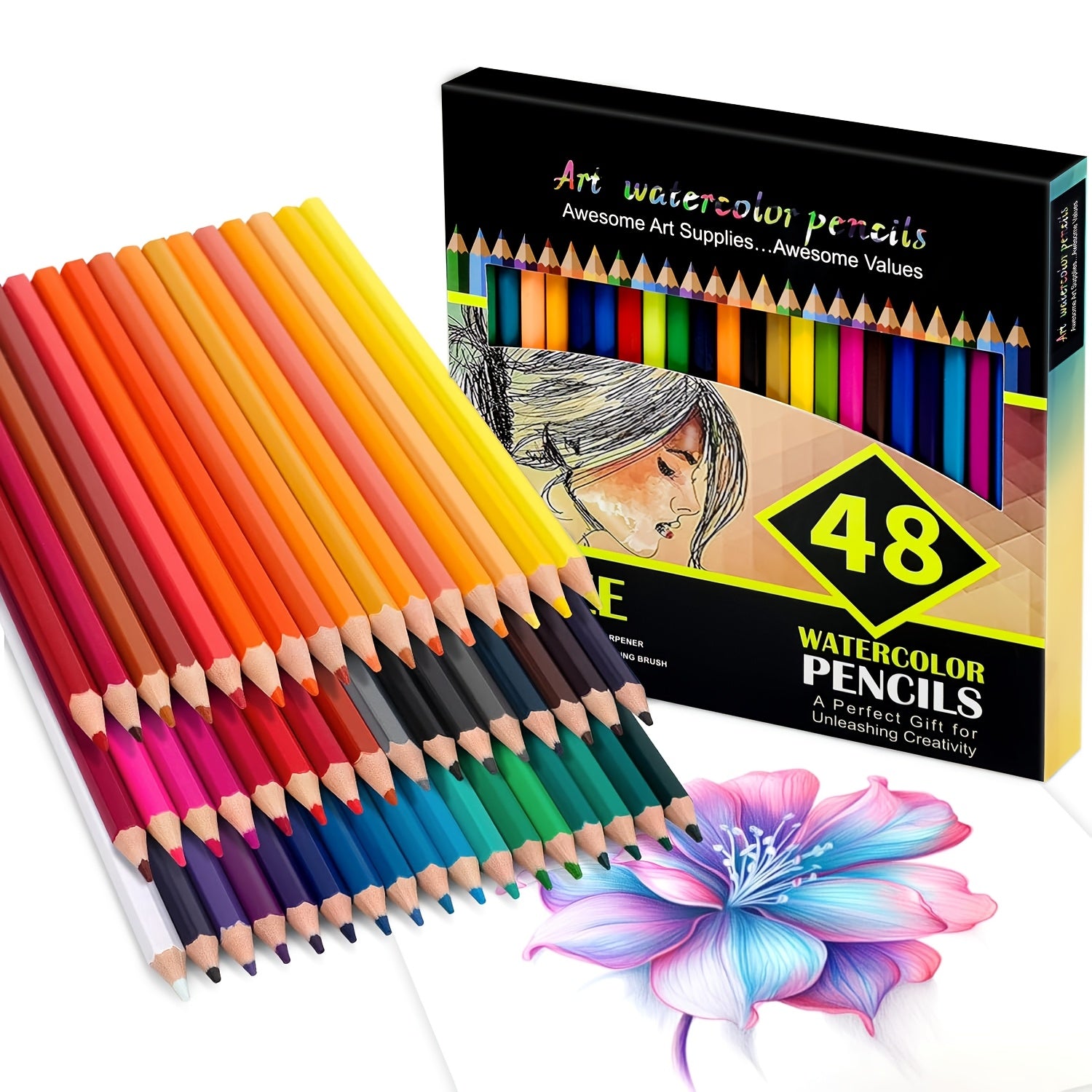 48-Count Professional Watercolor Pencils for Adults • Water-Soluble Colored Art Supplies with Blending & Layering • Wood Case Suitable for Coloring Books, Sketching, Shading • Premium for Artists