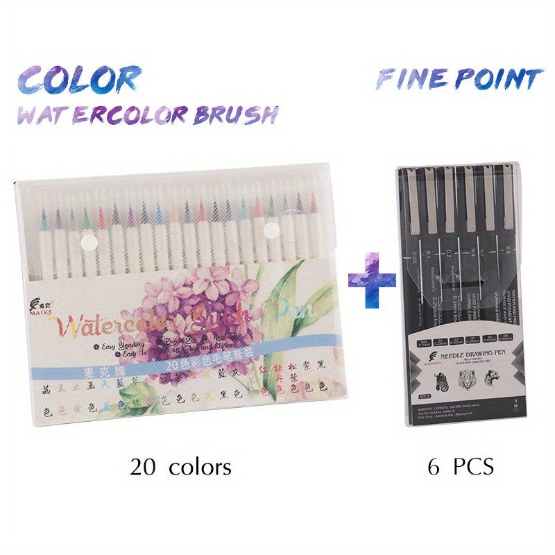 Vibrant Watercolor Brush Pen 20-Color Watercolor Brush Pen Set | Soft Nylon Tip, Blendable & Vibrant, for Artists & Sketching + 6 Fine Liner Pens - Water-Based, Portable, Quick-Drying