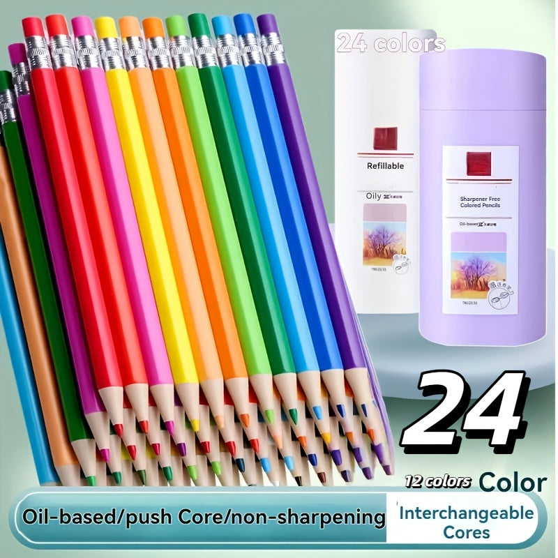 2.6Mm 24\u002F12 Pack Mechanical Colored Pencils, a Premium Mixed Color Pencil Set That Includes a Sharpener, Erasable Aesthetic Drawing Tools, Suitable for Bulk Purchasing of Writing, Painting, Office, And School Supplies